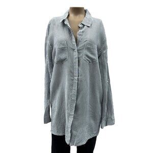 Velvet Heart‎ Striped Button-Up Long Sleeve Pocket Tunic Shirt Dress Women M